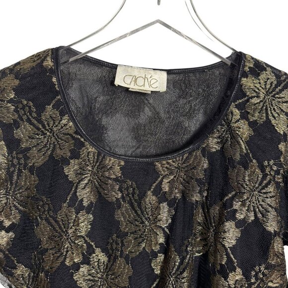 CACHE Size large bodysuit vintage 80's semi sheer black gold long sleeve top - Picture 3 of 6